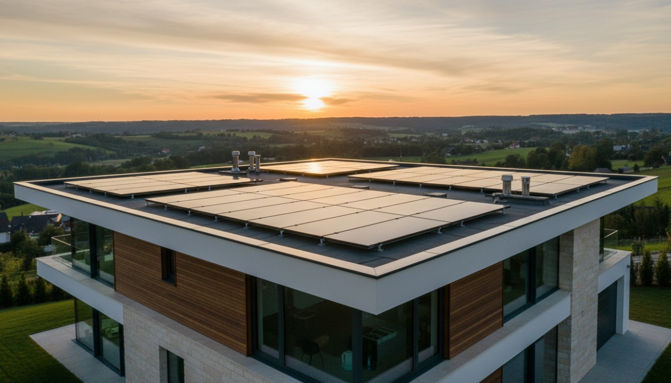 Premium flat plate solar collector layout on a modern flat roof, showing clean panel arrangement and architectural solar thermal integration